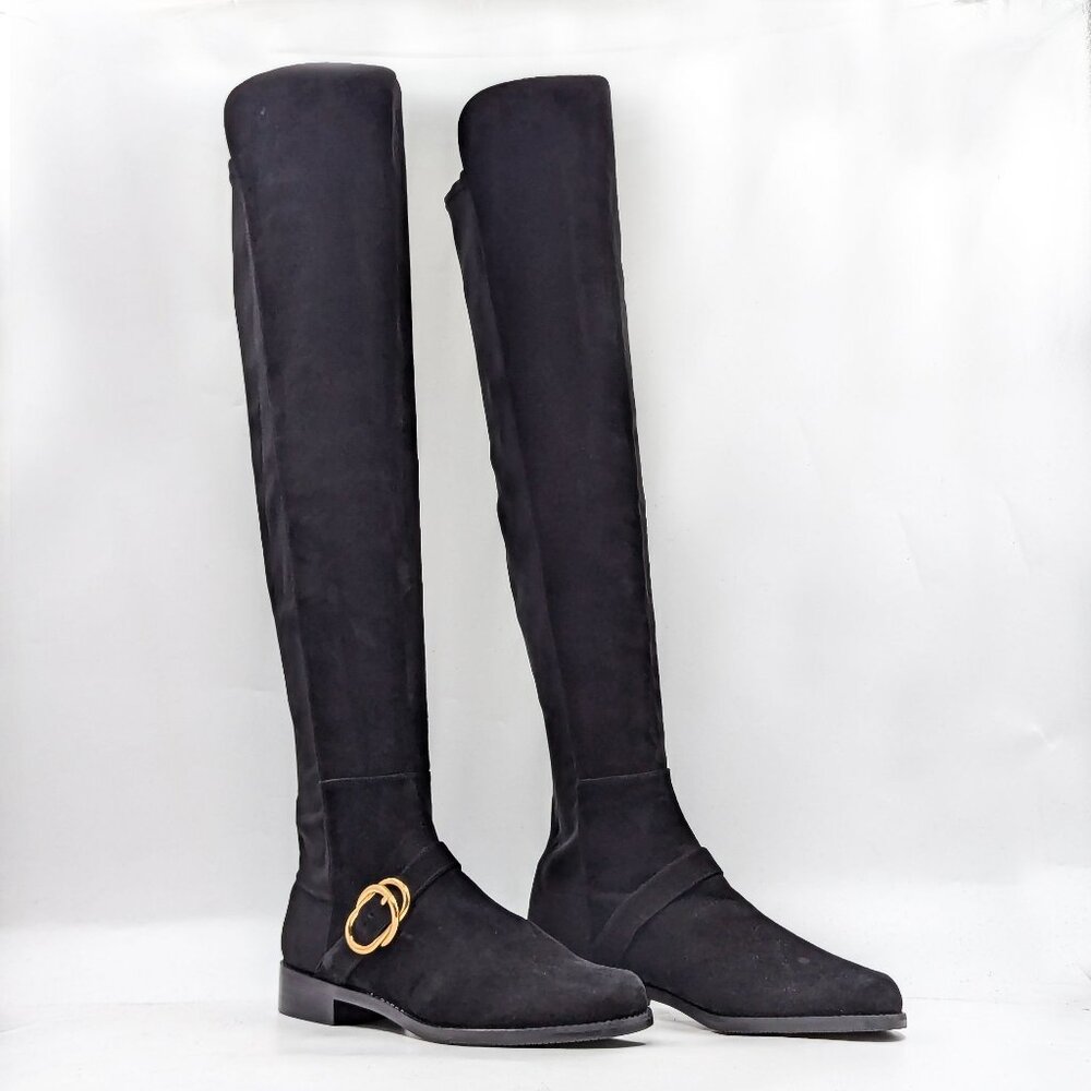 Stuart Weitzman Black Over-the-Knee Suede Boots with Gold Buckle